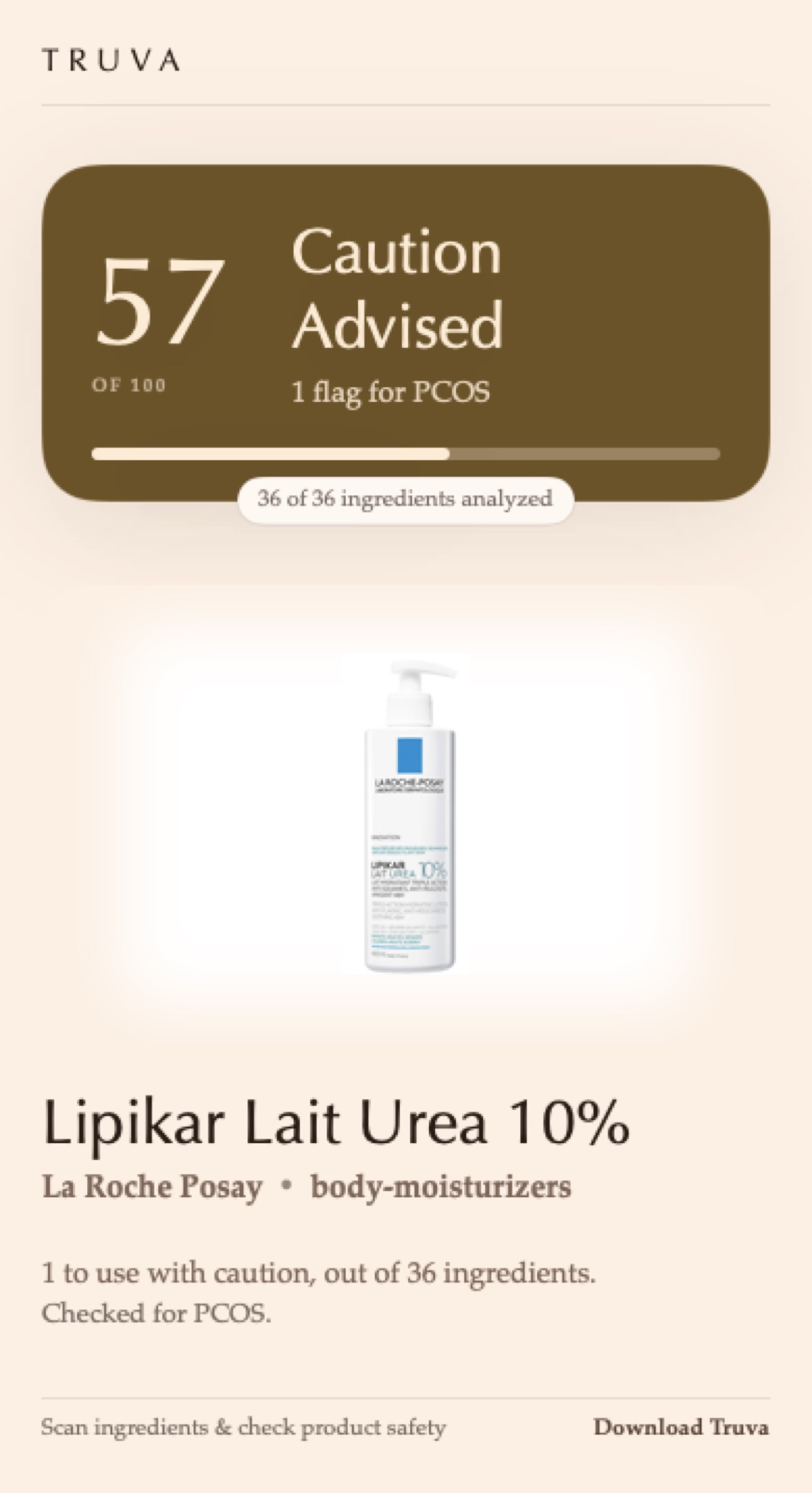 The first page of a Truva share report: 57 of 100, Caution Advised, 1 flag for PCOS, 36 of 36 ingredients analyzed, over a photograph of La Roche Posay Lipikar Lait Urea 10%.